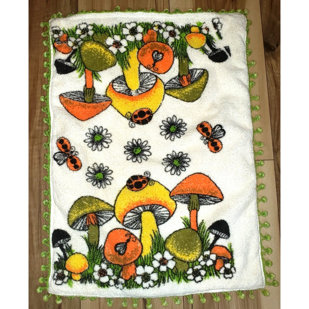 Handmade Terry Throw Pillow Cover Tassels Mushrooms MCM Vtg Unique 21x16